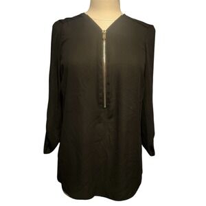 Rue21 Sheer 1/4 Zip Roll Sleeve Black Top Size L Edgy Business Casual Minimalist